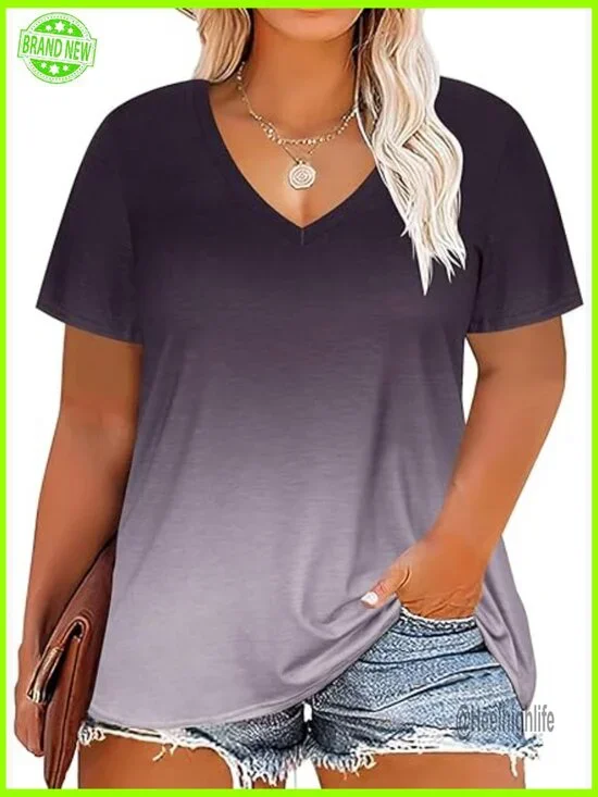 Plus Size Tunic V-Neck Short Sleeve Blouse Loose Fit Summer Top - Picture 1 of 4